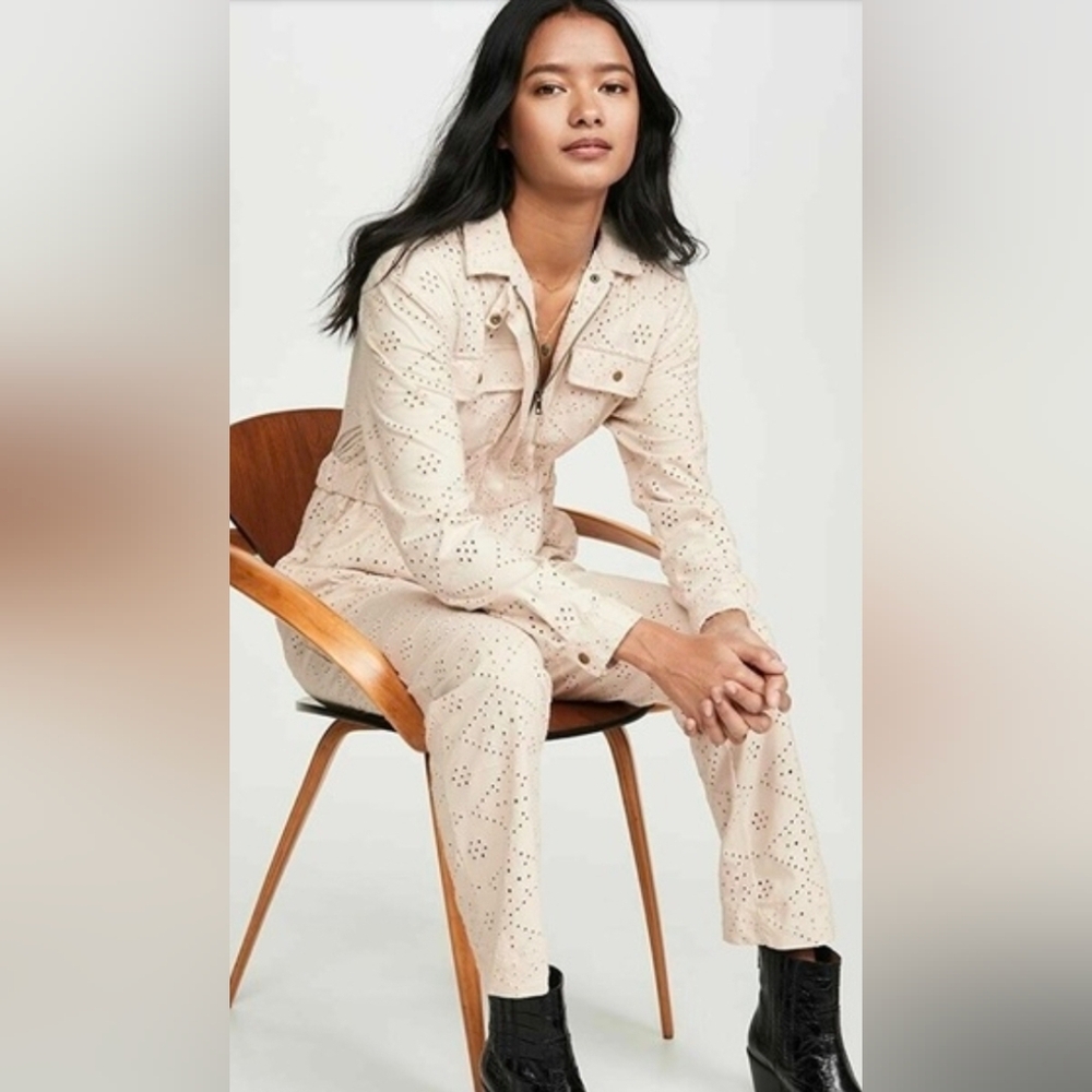 Free People Womens Ivory Embroidered Eyelet "Set The Tone" Jumpsuit Size 2
